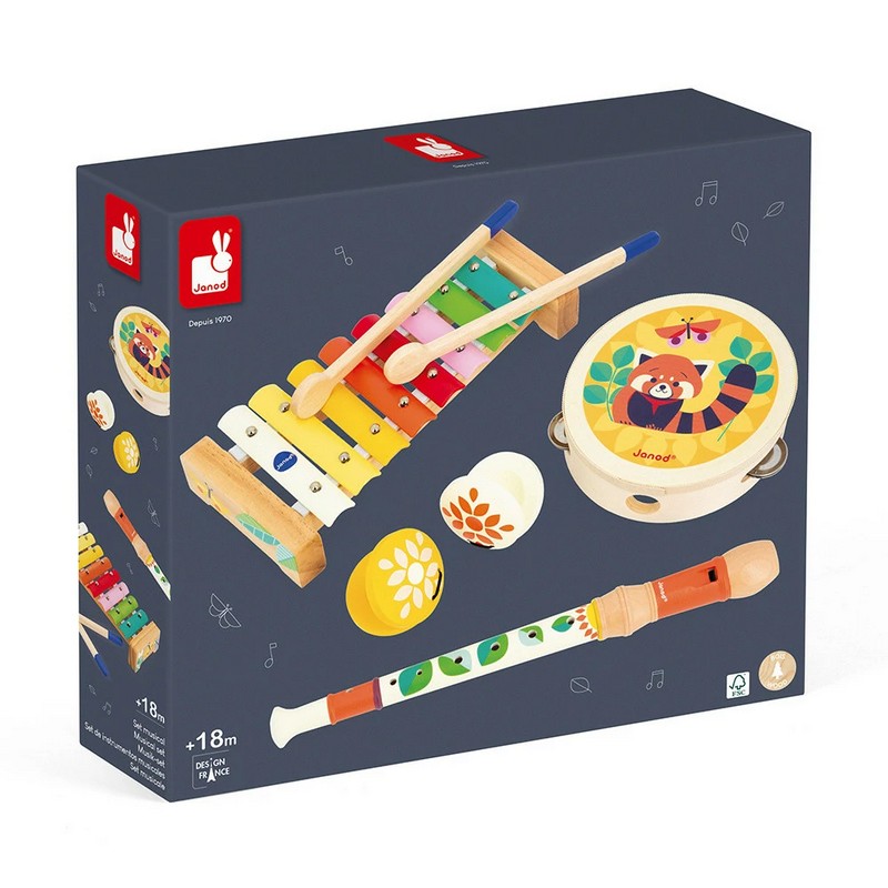 Set musicale per bambini contenente xilofono, tamburello, flauto e nacchere, tutto realizzato in legno - il regalo perfetto per gli aspiranti musicisti!